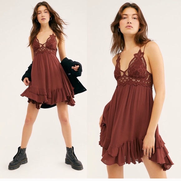 Free People Dresses & Skirts - Free People One Adella Slip Mini Dress Mocha Lace Ruffle Strappy Boho Flowy S